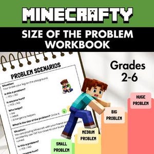 Puede incluir: Un cuaderno de trabajo titulado "Size of the Problem" con la palabra "Minecrafty" en la parte superior. El cuaderno presenta un personaje de Minecraft y escenarios de problemas para los grados 2-6. El tamaño del problema se clasifica como pequeño, mediano, grande y enorme.