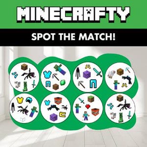 Peut inclure: Un jeu "Minecrafty Spot the Match!" vert et blanc. Le jeu présente huit cercles avec diverses images sur le thème de Minecraft, notamment des personnages, des outils et des blocs. Le mot "Minecrafty" est en haut.