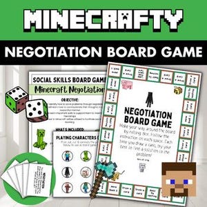 May include: A Minecraft-themed negotiation board game set featuring a game board with a square path, instruction sheets, playing character tokens, two six-sided dice, and a set of cards. The materials include text instructions and graphics of game characters like a Creeper, a pig, and a pickaxe.