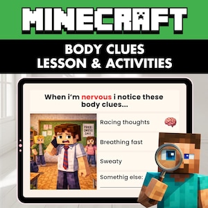 Può includere: Un grafico educativo digitale intitolato Minecraft Body Clues Lesson & Activities. Mostra lo schermo di un tablet con una lezione sul sentirsi nervosi, un'illustrazione di un personaggio Minecraft, un elenco di indizi corporei e una lente d'ingrandimento.