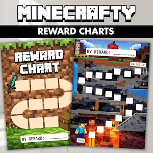 May include: Two rectangular reward charts with Minecraft-themed graphics. The left chart features a dirt block background, a sword, a chest, and a path of blank squares. The right chart shows an underground cave scene with a character, TNT, and blank squares.