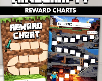 May include: Two rectangular reward charts with Minecraft-themed graphics. The left chart features a dirt block background, a sword, a chest, and a path of blank squares. The right chart shows an underground cave scene with a character, TNT, and blank squares.