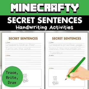 Op de afbeelding: Twee witte pagina's met handschriftactiviteiten getiteld Secret Sentences met tekst in Minecraft-thema. De pagina's bevatten lijnen voor het overtrekken en schrijven van zinnen, plus een vak voor het tekenen van een Creeper. Een groen potlood is zichtbaar.