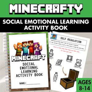 May include: A spiral-bound activity book titled MINECRAFTY SOCIAL EMOTIONAL LEARNING ACTIVITY BOOK featuring four blocky characters on the cover. An interior page shows a self-regulation exercise with a chest illustration and icons for ages 8-14.