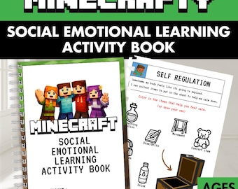 May include: A spiral-bound activity book titled MINECRAFTY SOCIAL EMOTIONAL LEARNING ACTIVITY BOOK featuring four blocky characters on the cover. An interior page shows a self-regulation exercise with a chest illustration and icons for ages 8-14.