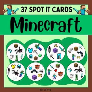Puede incluir: Un conjunto de 37 cartas Spot It de Minecraft. Cada carta presenta varios personajes y objetos de Minecraft, incluyendo un creeper, una espada y un pico. Las cartas están dispuestas en una cuadrícula, con la palabra "Minecraft" en letras verdes grandes encima.