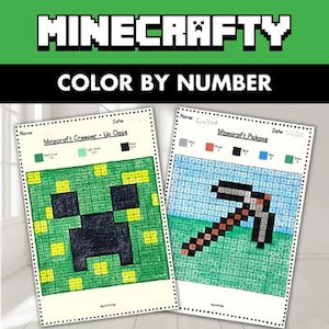 May include: Two color-by-number activity sheets featuring Minecraft themes. The left sheet shows a Creeper face colored in green, yellow, and black. The right sheet displays a pickaxe colored in gray, brown, black, blue, and green with grid lines.