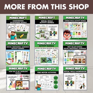 May include: A collection of nine digital educational activity bundles featuring Minecraft-themed graphics. Each square panel displays various worksheets, workbooks, and learning tools focused on social skills, handwriting, and emotional regulation for children.