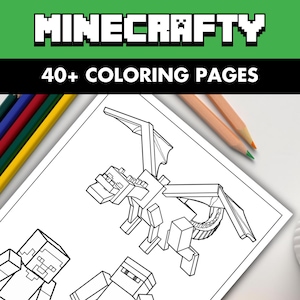 Pode incluir: Uma coleção de mais de 40 páginas para colorir intitulada MINECRAFTY com desenhos de linhas em preto e branco de figuras de dragões e personagens em blocos. Lápis de cor azul, vermelho, verde, amarelo e pêssego rodeiam o papel.