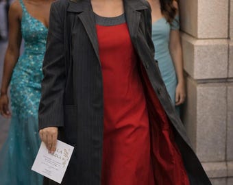 Jessica London Red Dress + Pinstripe Coat