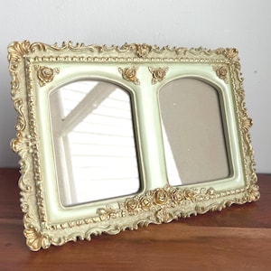 Vintage Double Picture Frame | Ornate Gold Sage Floral Hollywood Regency Decor (3x5)