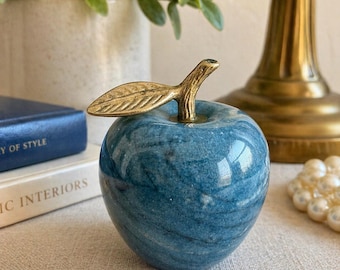 Vintage Blue Marble Apple Paperweight | Brass Leaf Stem, Mid Century Decor