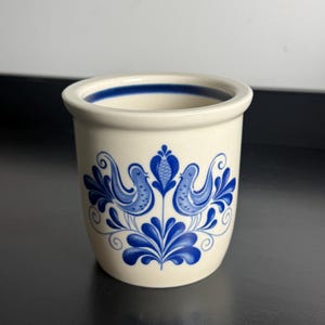 Vintage DDR Pottery 1L Blue Bird Crock | East German Folk Art Stoneware Utensil Holder | Blue White Farmhouse Kitchen Decor