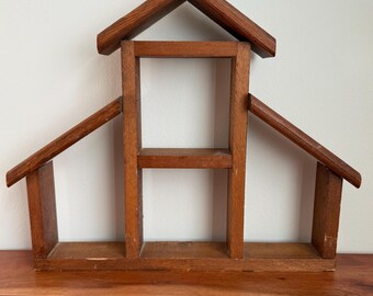 Vintage Wooden House Trinket Shelf - Mid Century Wall Display - Shadow Box