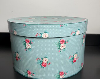 Vintage 1988 Floral Hat Box | Blue Round Storage Box with Roses | Cottagecore Nursery Decor | Vanity Keepsake Box