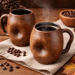 May include: Two brown ceramic mugs filled with dark liquid, likely coffee, with steam rising. Coffee beans and a small wooden bowl of beans are on a wooden surface. The mugs have a unique, organic shape.