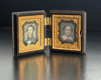 Antique 1850s Double Daguerreotype Portraits | Man & Woman in Union Case | Hand Tinted Victorian Photography