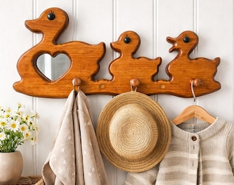Vintage Wooden Duck Family Wall Hooks | Hand Carved Nursery Decor, Heart Mirror