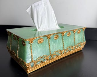 Vintage Seafoam Green & Gold Tissue Box Cover, Pearlescent Rectangular Tissue Holder, Hollywood Regency Bathroom Decor