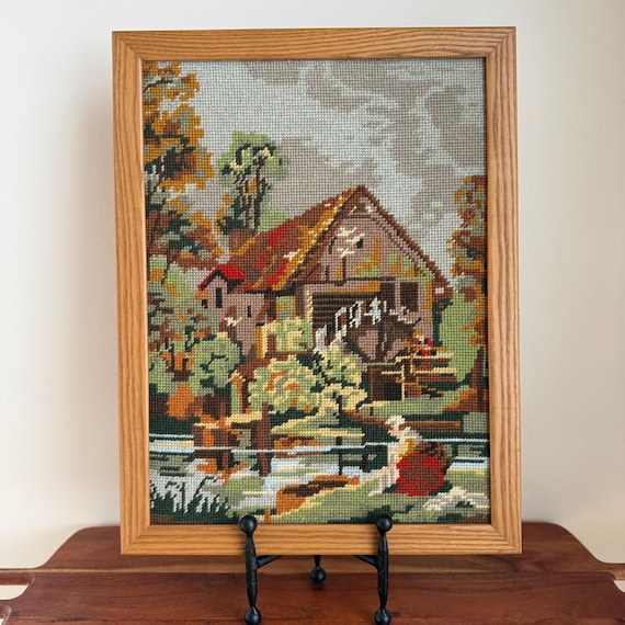 Vintage Framed Needlepoint Cabin Landscape | Rustic Autumn Cottage Wall Art