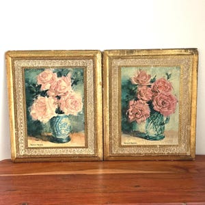 Set of 2 Herbert Parrish Floral Wood Plaques – Carved Gilded Frame, Cottage Farmhouse Decor