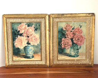 Set of 2 Herbert Parrish Floral Wood Plaques – Carved Gilded Frame, Cottage Farmhouse Decor