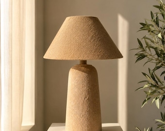 Japandi Terracotta Style Modern Table Lamp | Wabi Sabi Rustic Desk Lamp with Linen Lampshade | Handmade Night Light