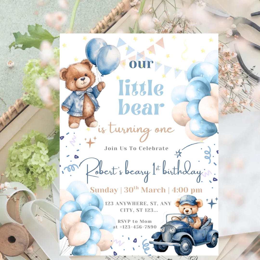 Teddy Bear 1st Birthday Invitation Boy, Editable Blue Beary First ...