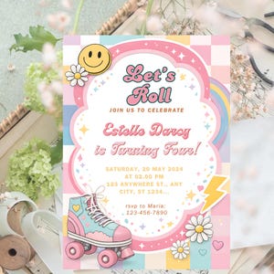 May include: A pastel-colored invitation with the text "Let's Roll" and "Estelle Darcy is Turning Four!" features a roller skate illustration. The design includes a smiley face, daisies, and a rainbow.