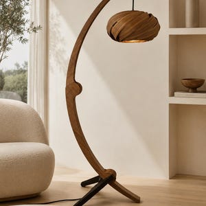 Sculptural Floor Lamp, Modern Wooden Arc Lamp, Designer Standing Light