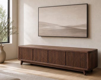 Solid Walnut Media Console, Fluted TV Stand, Handmade Organic Modern Entertainment Cabinet, Storage Credenza