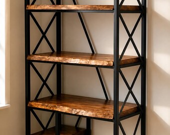 Live Edge Walnut Bookshelf, Industrial Metal Frame Shelf, Solid Wood Bookcase, Handmade Modern Storage