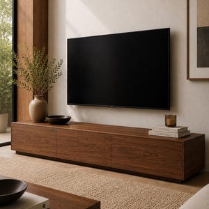 May include: A long, rectangular wooden media console with three cabinet doors, positioned beneath a wall-mounted flat-screen television. The console features a dark wood grain finish and sits on a low base, holding a vase, a bowl, and books.