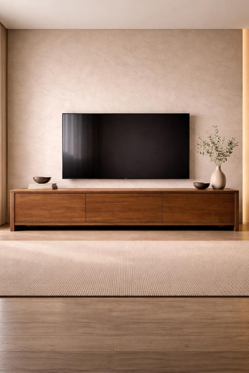 K&ouml;nnte beinhalten: Ein langes, rechteckiges Medienboard aus Holz mit drei Schrankt&uuml;ren, das unter einem gro&szlig;en Flachbildfernseher an einer beigen Wand steht. Eine Keramikvase mit gr&uuml;nen Zweigen und zwei kleine Schalen stehen auf der Oberfl&auml;che.