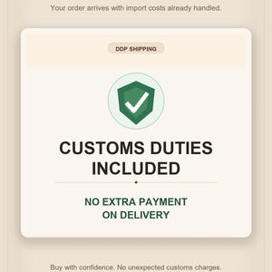 K&ouml;nnte beinhalten: Eine rechteckige Grafik mit beigem Hintergrund und dem Text NO SURPRISE FEES, DDP SHIPPING, CUSTOMS DUTIES INCLUDED sowie NO EXTRA PAYMENT ON DELIVERY. Ein gr&uuml;nes Schildsymbol mit einem wei&szlig;en H&auml;kchen ist mittig platziert.