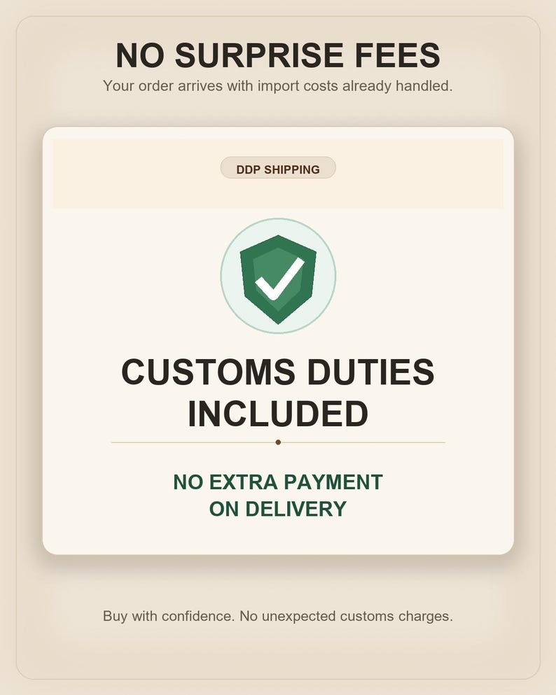 K&ouml;nnte beinhalten: Eine rechteckige Grafik mit beigem Hintergrund und dem Text NO SURPRISE FEES, DDP SHIPPING, CUSTOMS DUTIES INCLUDED sowie NO EXTRA PAYMENT ON DELIVERY. Ein gr&uuml;nes Schildsymbol mit einem wei&szlig;en H&auml;kchen ist mittig platziert.