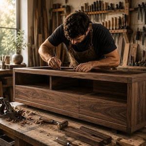 May include: A rectangular dark brown wooden media console with three front-facing drawers and an open top shelf. The furniture piece features a prominent wood grain pattern and is positioned on a workbench alongside various woodworking tools.