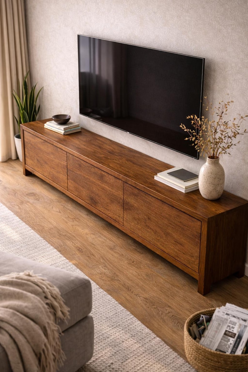 K&ouml;nnte beinhalten: Ein langes, rechteckiges Medienboard aus Holz mit warmbrauner Oberfl&auml;che und drei Schrankt&uuml;ren. Die Oberseite des Boards bietet Platz f&uuml;r eine kleine dunkle Schale auf einem B&uuml;cherstapel sowie eine helle Vase mit getrockneten Zweigen.