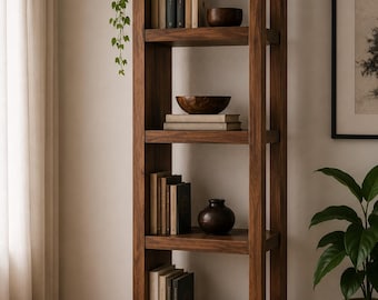 Luxury Walnut Bookshelf, Tall Narrow Bookcase, Handmade Wooden Shelving Unit
