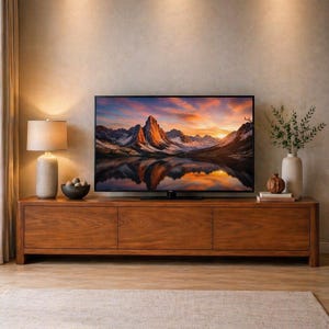 Puede incluir: Salón moderno con un televisor grande que muestra un paisaje de montaña. El televisor está sobre un mueble de madera con tres puertas. Una lámpara, un cuenco decorativo y un jarrón con plantas completan la decoración. Una alfombra de color neutro está en el suelo.