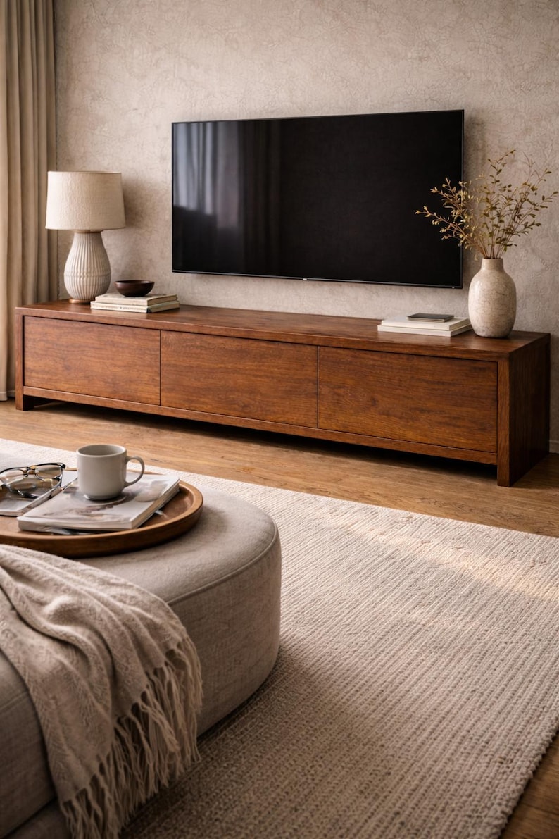 May include: A modern living room setup featuring a large, dark wooden TV console with three drawers. A flat-screen TV is mounted above. A beige rug, ottoman, and decorative vase with dried plants complete the scene. A lamp and books are on the console.