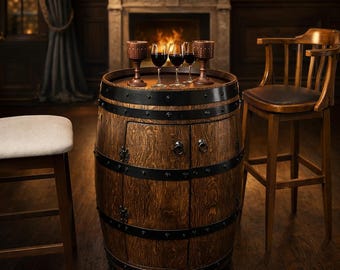 Solid Oak Barrel Bar Cabinet, Luxury Whiskey Bar, Handmade Liquor Storage, Rustic Home Bar