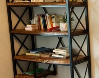 Estantería de nogal con borde natural, estantería industrial con estructura metálica, librería de madera maciza, almacenamiento moderno hecho a mano.