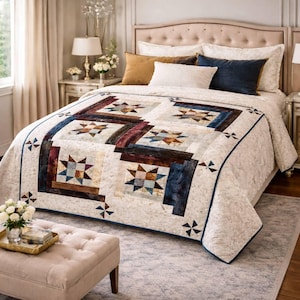 May include: A cream-colored quilt with a star pattern in shades of blue, brown, and tan. The quilt is on a bed with several pillows in various colors. The bed is in a well-lit bedroom with a neutral color scheme.