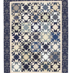 Blue Cream Patchwork Quilt – Elegant Star Pattern Bedding – King Queen Bedroom Decor