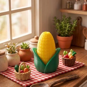 Puede incluir: Una escena de cocina en miniatura con una mazorca de maíz amarilla con hojas verdes. Dos pequeñas cestas de verduras se encuentran sobre un paño a cuadros rojo y blanco. Una cuchara de madera y plantas en macetas completan la escena.