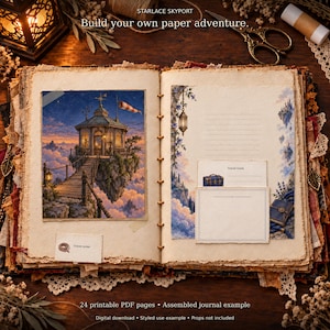Fantasy Travel Junk Journal Kit, 24 Printable Pages & Ephemera | Starlace Skyport