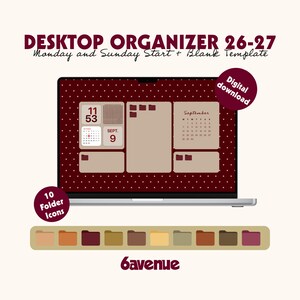 Peut inclure: Un modèle d'organisateur de bureau numérique pour 2026-2027 avec un fond rouge foncé à pois blancs, un calendrier et des widgets. Inclut dix icônes de dossier dans divers tons terreux et le texte 6avenue, Digital download.