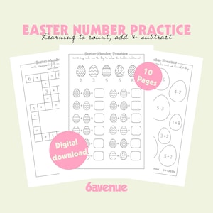 Peut inclure: Feuilles de calcul éducatives sur le thème de Pâques, avec des exercices de calcul, d'addition et de soustraction. Les feuilles de calcul comportent des illustrations d'œufs et le texte "Easter Number Practice". L'image comprend également le texte "Digital download" et "10 Pages."