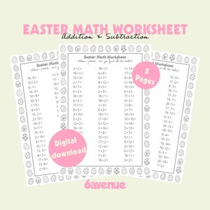 Peut inclure: Ensemble de feuilles de calcul de mathématiques de Pâques avec des problèmes d'addition et de soustraction. Les feuilles de calcul ont un code couleur rose et blanc avec des bordures d'œufs de Pâques. Le texte "Easter Math Worksheet" est en haut.